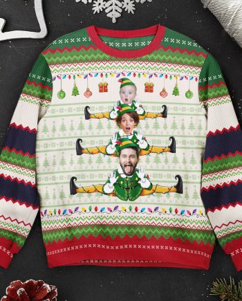 Custom Face Family Funny Elf Christmas Tree - Personalized Photo Ugly Sweater
