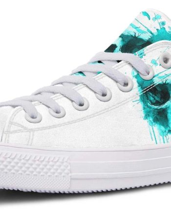 Cyan Skull Print White Low-Top Sneakers - Unique Graphic Footwear